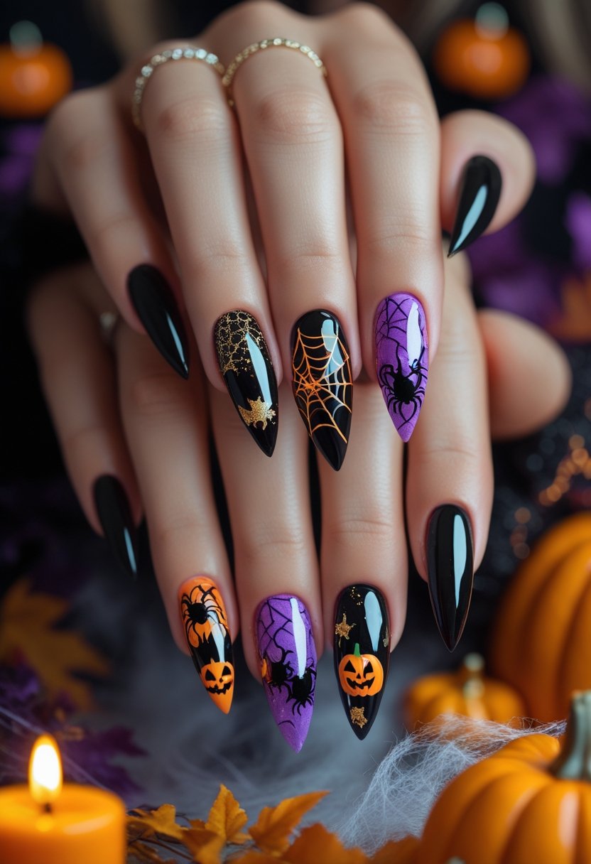Close-up of hands with Halloween-themed manicured nails featuring spider and web designs, surrounded by autumn decorations.