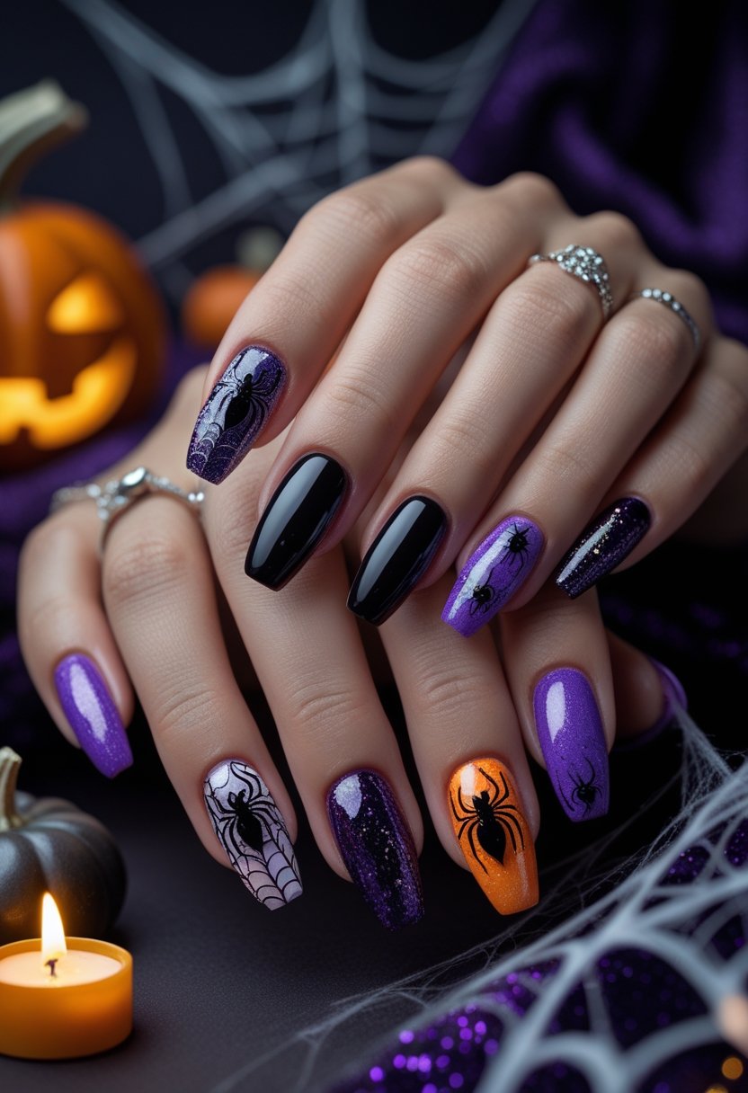 Close-up of hands with Halloween-themed nail art featuring spiders, glitter, and dark colors, surrounded by small pumpkins and cobwebs.