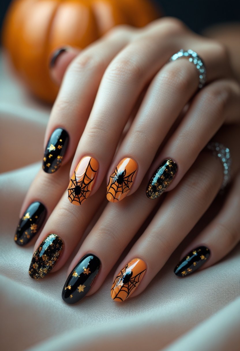 Close-up of hands with Halloween-themed nail art featuring spider webs, spiders, and glitter on orange and black nails.