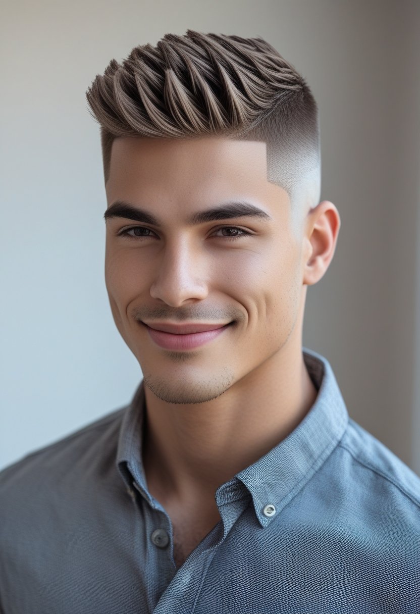 A young man with short hair standing and smiling against a plain background.