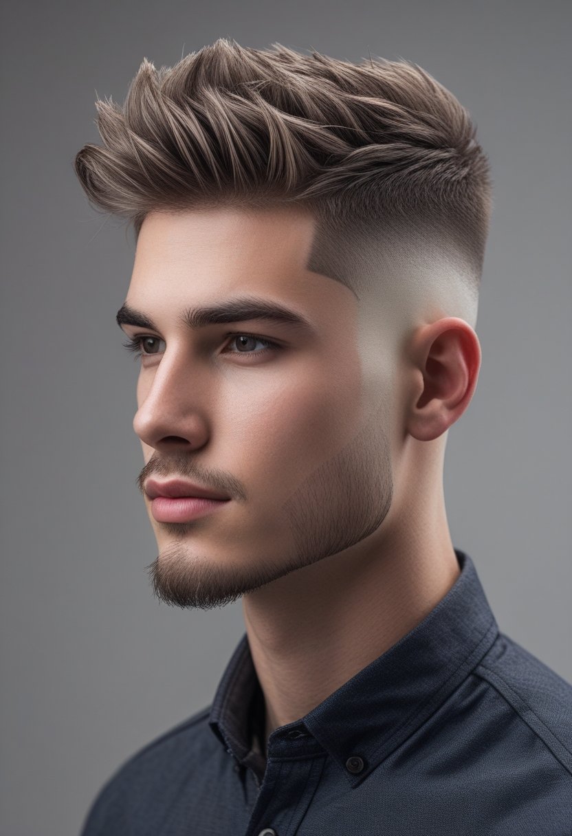 A young man with a short fade haircut and textured hair on top, wearing a smart casual outfit, standing against a plain background.