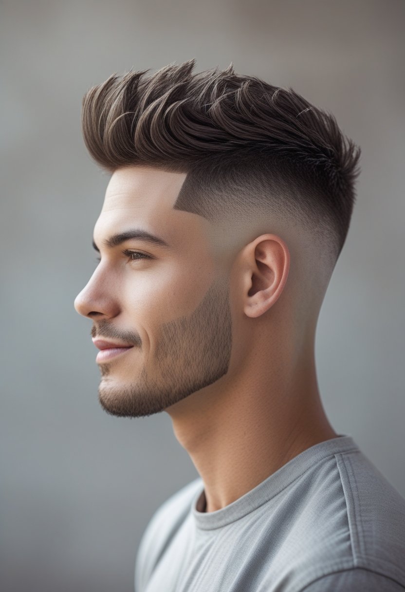 A man with a low fade haircut and textured hair on top, looking confident against a neutral background.