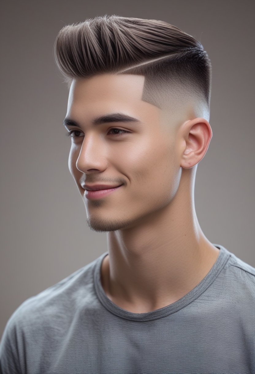 A young man with a neat haircut looking slightly to the side with a subtle smile against a neutral blurred background.