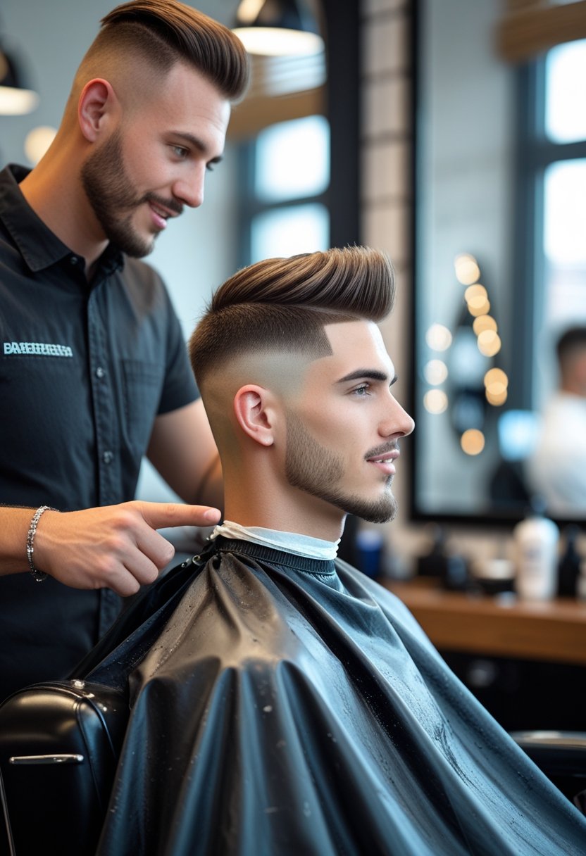 A man sitting in a barber chair receiving haircut advice from a barber in a modern barbershop.
