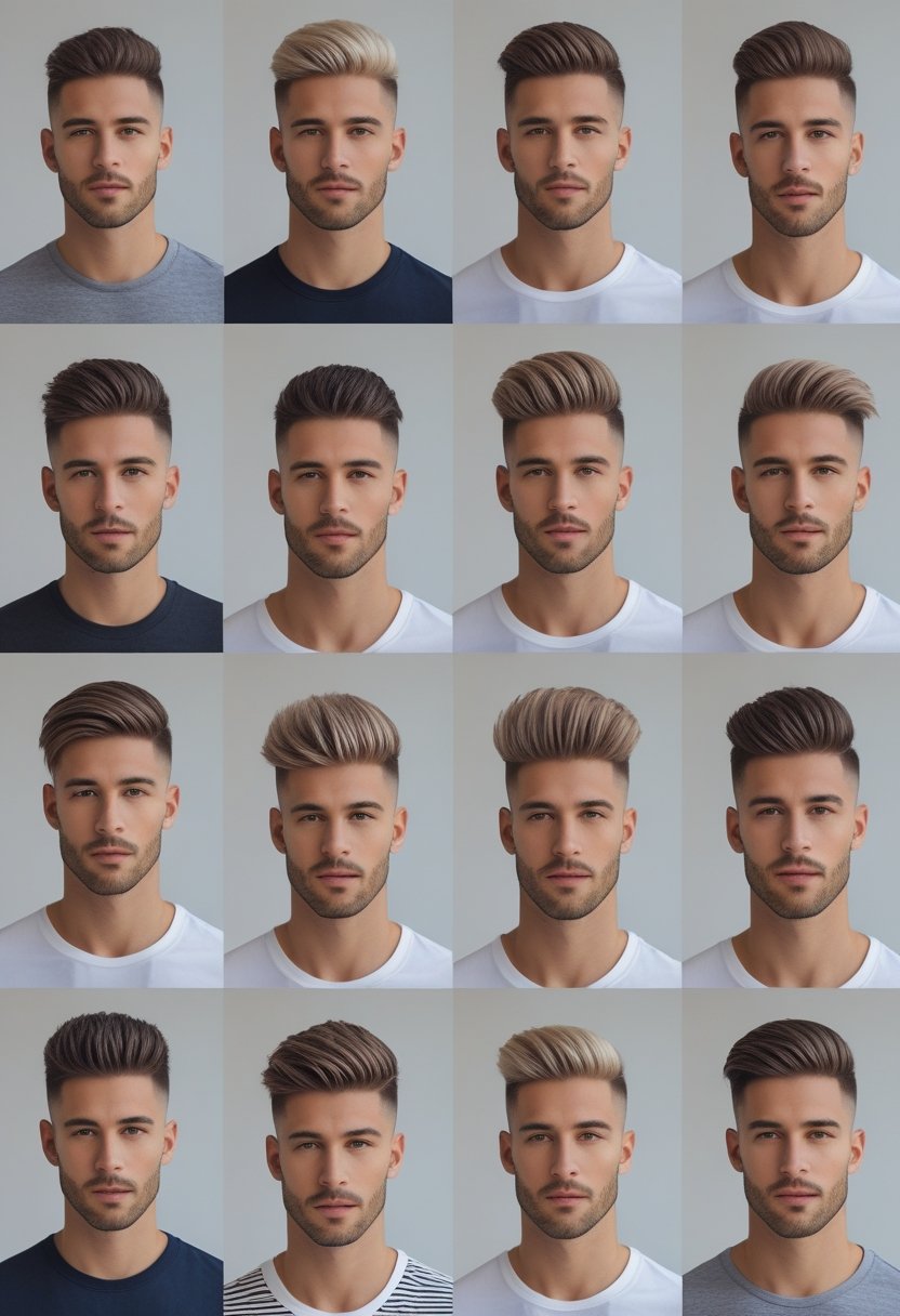 A group of men with various short hairstyles posing together in a studio setting.