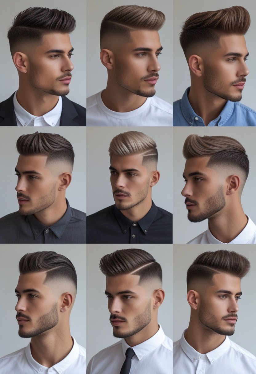 A group of men with different short hairstyles posing in a studio with a plain background.