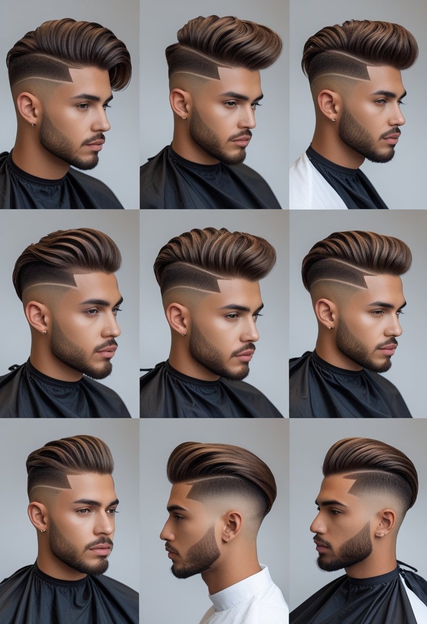 A group of men with wavy hairstyles and faded haircuts posing in a studio with a plain background.