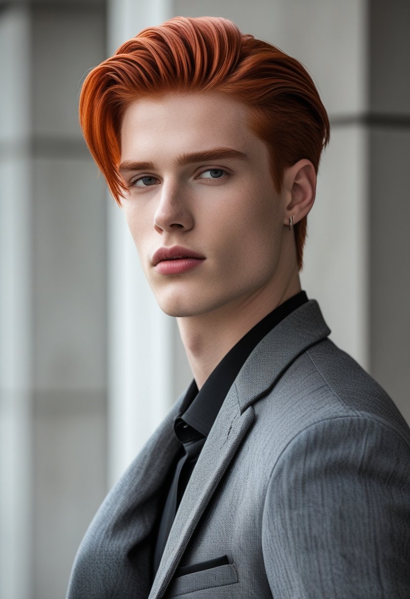 A young man with sleek red hair standing confidently against a simple urban background.