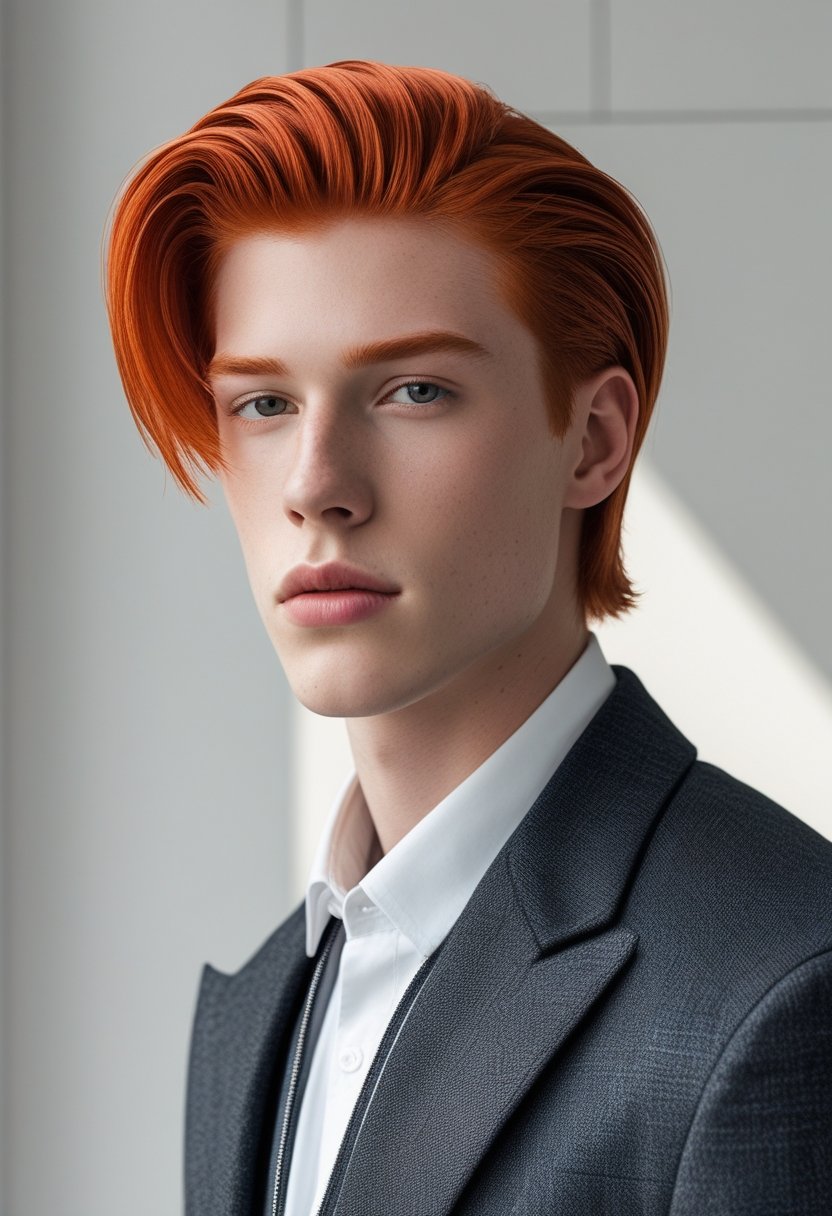 A young man with red hair wearing modern clothing, standing against a plain background.