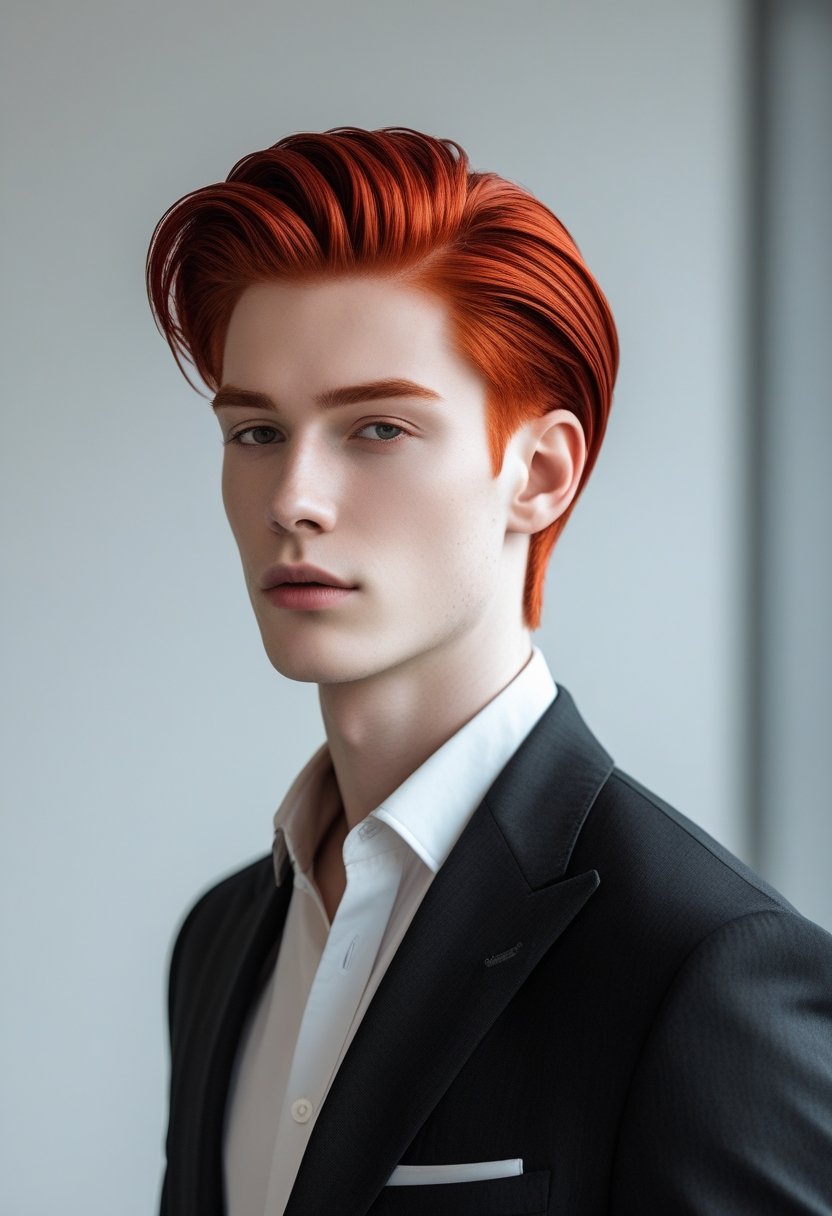 A young man with sleek red hair wearing a blazer, looking confidently at the camera against a plain background.