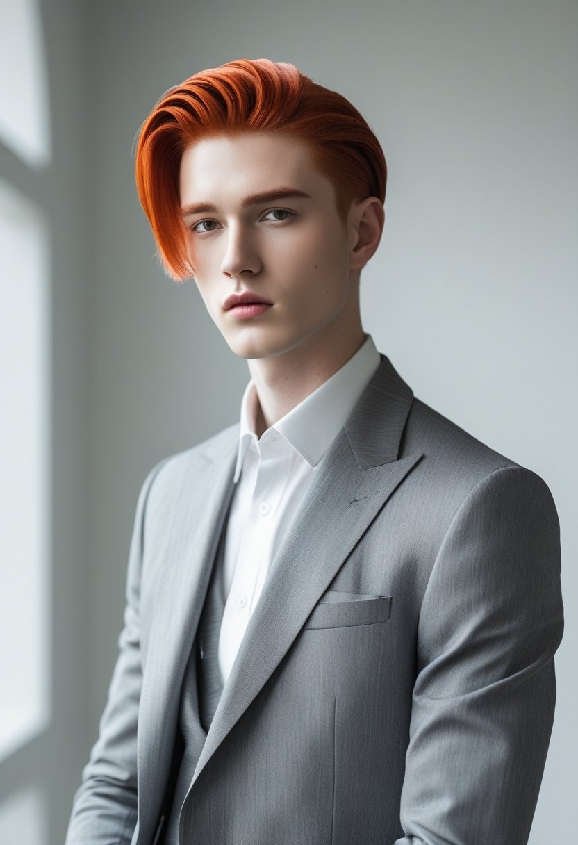 A young man with red hair wearing modern fashionable clothing, standing against a blurred background.