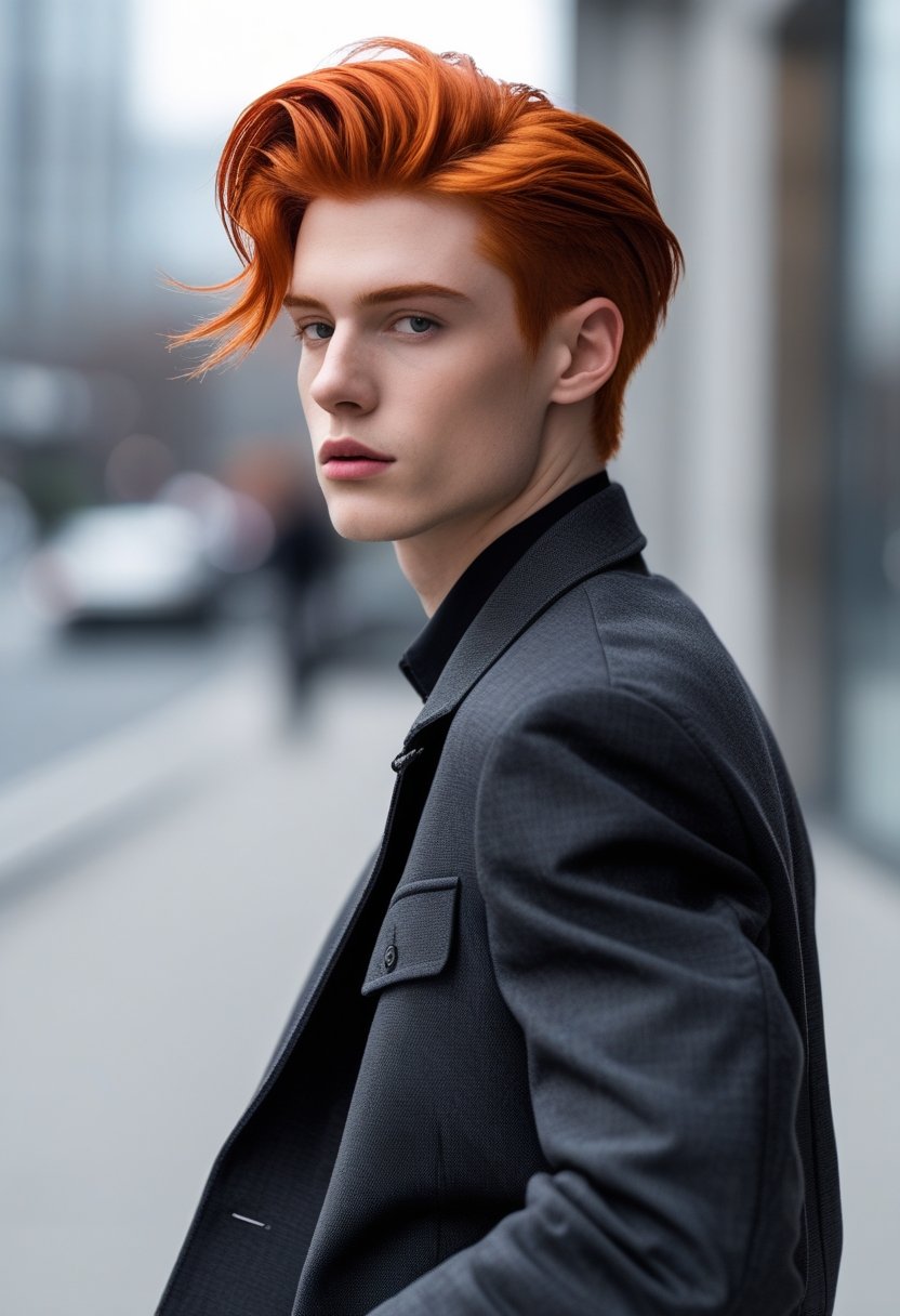A young man with bright red hair posing confidently in an urban environment.