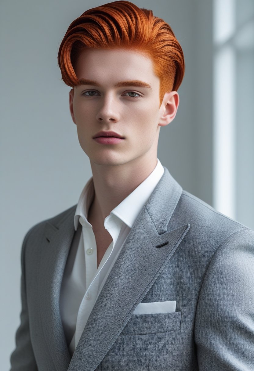 A young man with sleek red hair wearing modern clothing, standing against a plain background.