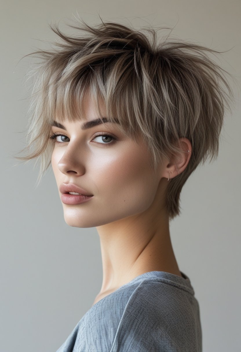 A young adult with short layered hair and a tousled fringe looking confidently at the camera against a plain background.
