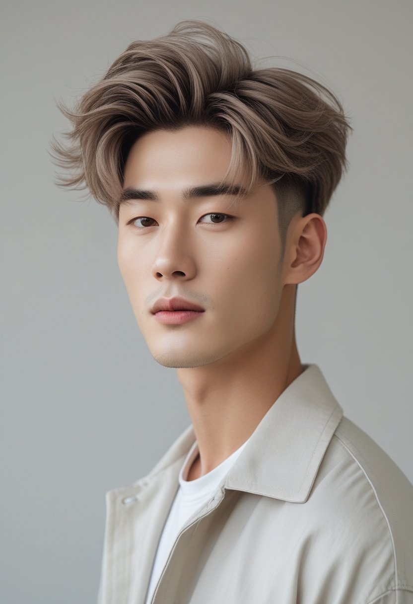 A young man with a modern haircut looking confidently at the camera against a plain background.