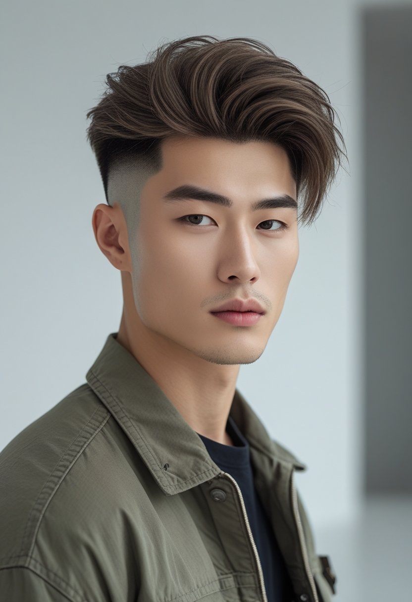 Young man with a modern haircut posing in a studio with a neutral background.
