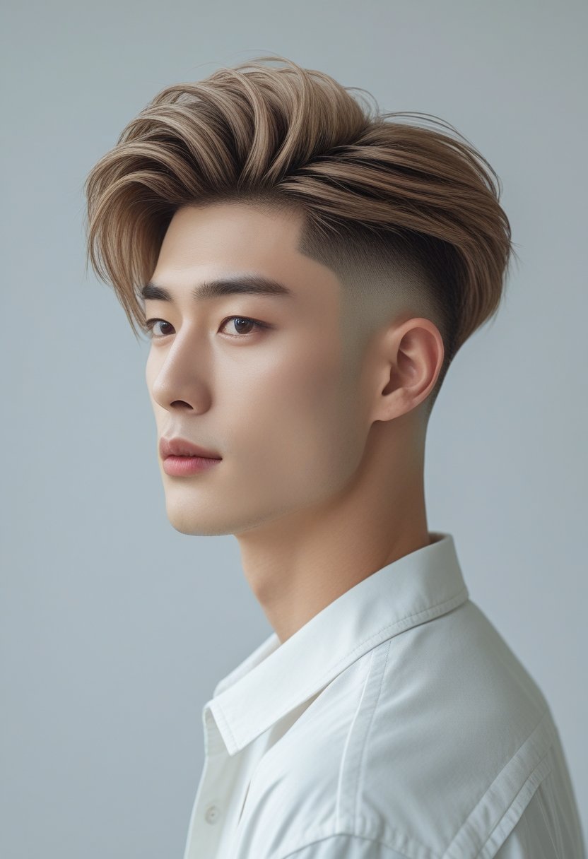 A young man with a trendy short haircut posing in a studio with a neutral background.