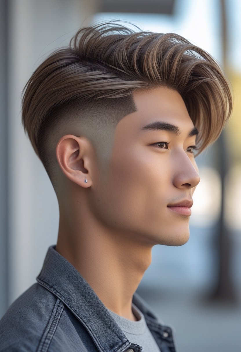 A young man with a modern haircut looking confidently to the side in an outdoor urban setting.