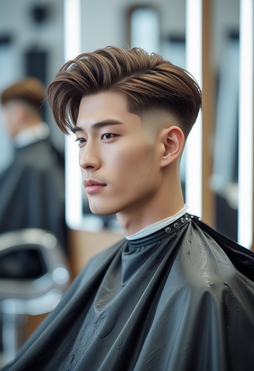 Young man with a fresh haircut sitting in a modern barbershop with a relaxed expression.