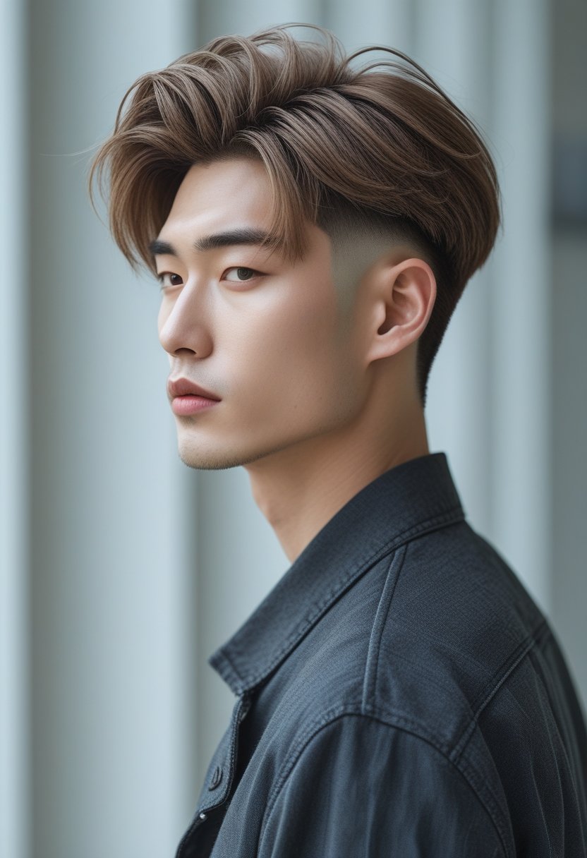 A young man with a stylish haircut standing against a plain background.