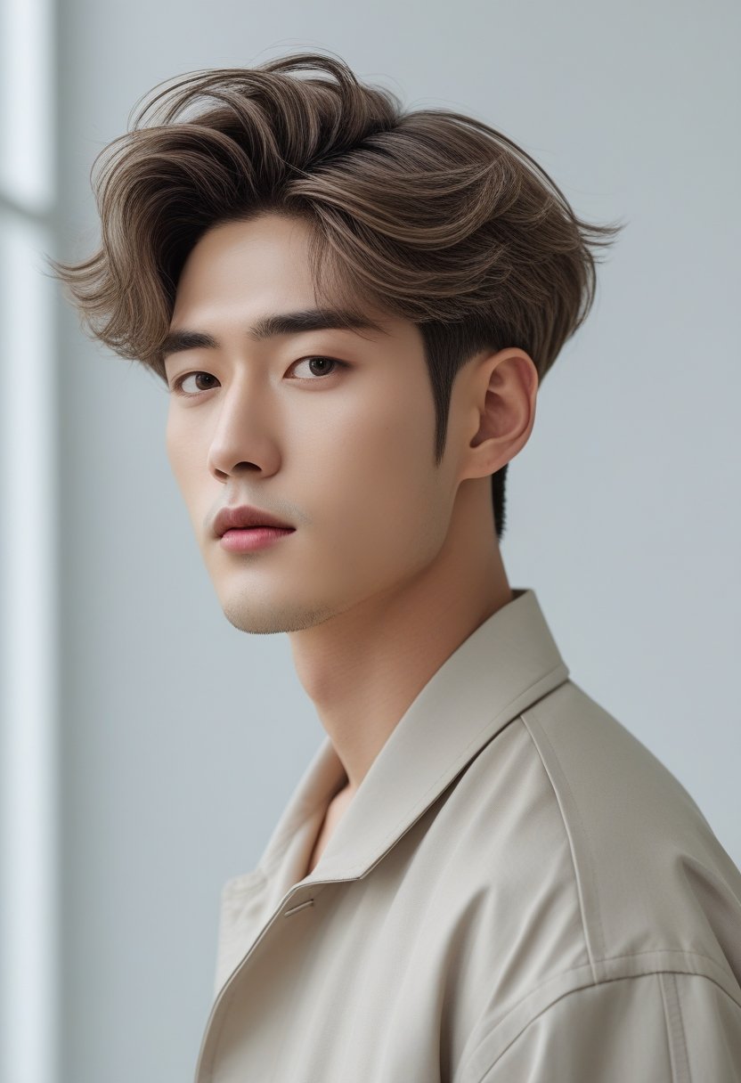 A young Korean man with layered hair and natural volume, looking confidently in a studio setting.