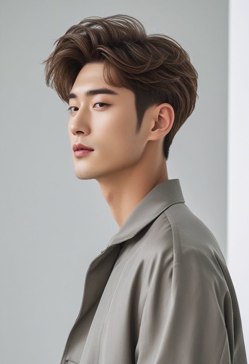 A young Korean man with a layered haircut and natural volume, looking confidently at the camera against a plain background.