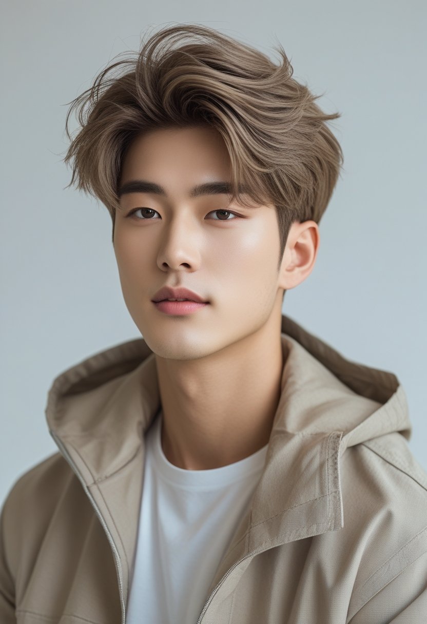A young Korean man with layered hair and natural volume, looking confidently at the camera against a plain background.