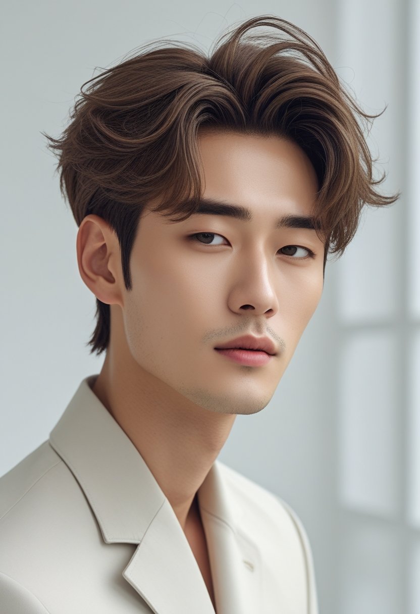 A young man with layered hair and natural volume posing in a studio with a neutral background.