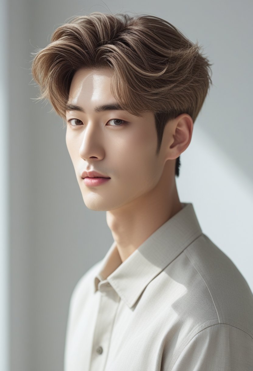 A young Korean man with a layered haircut and natural volume, looking slightly to the side against a plain background.