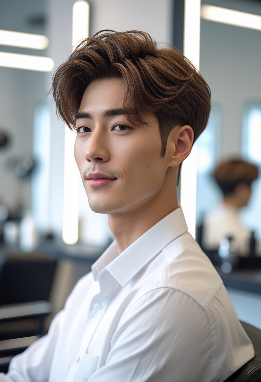 A young man with layered hair sitting in a bright salon, looking slightly off-camera with a subtle smile.