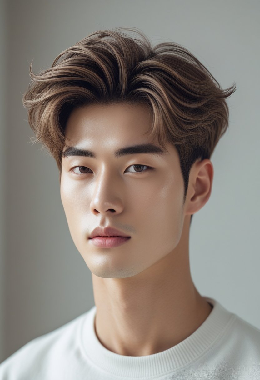 Portrait of a young man with layered hair and a neutral expression against a blurred background.