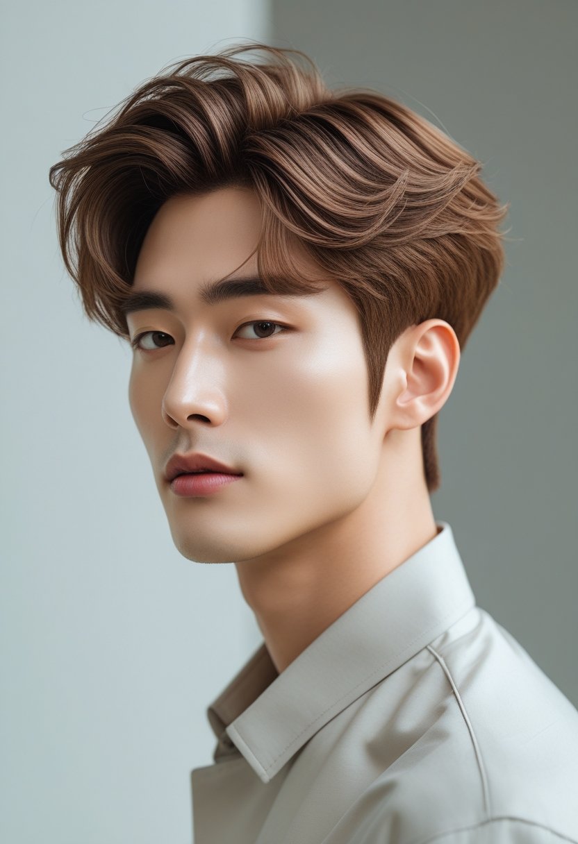 A young man with a layered haircut and natural volume, looking confidently at the camera against a neutral background.