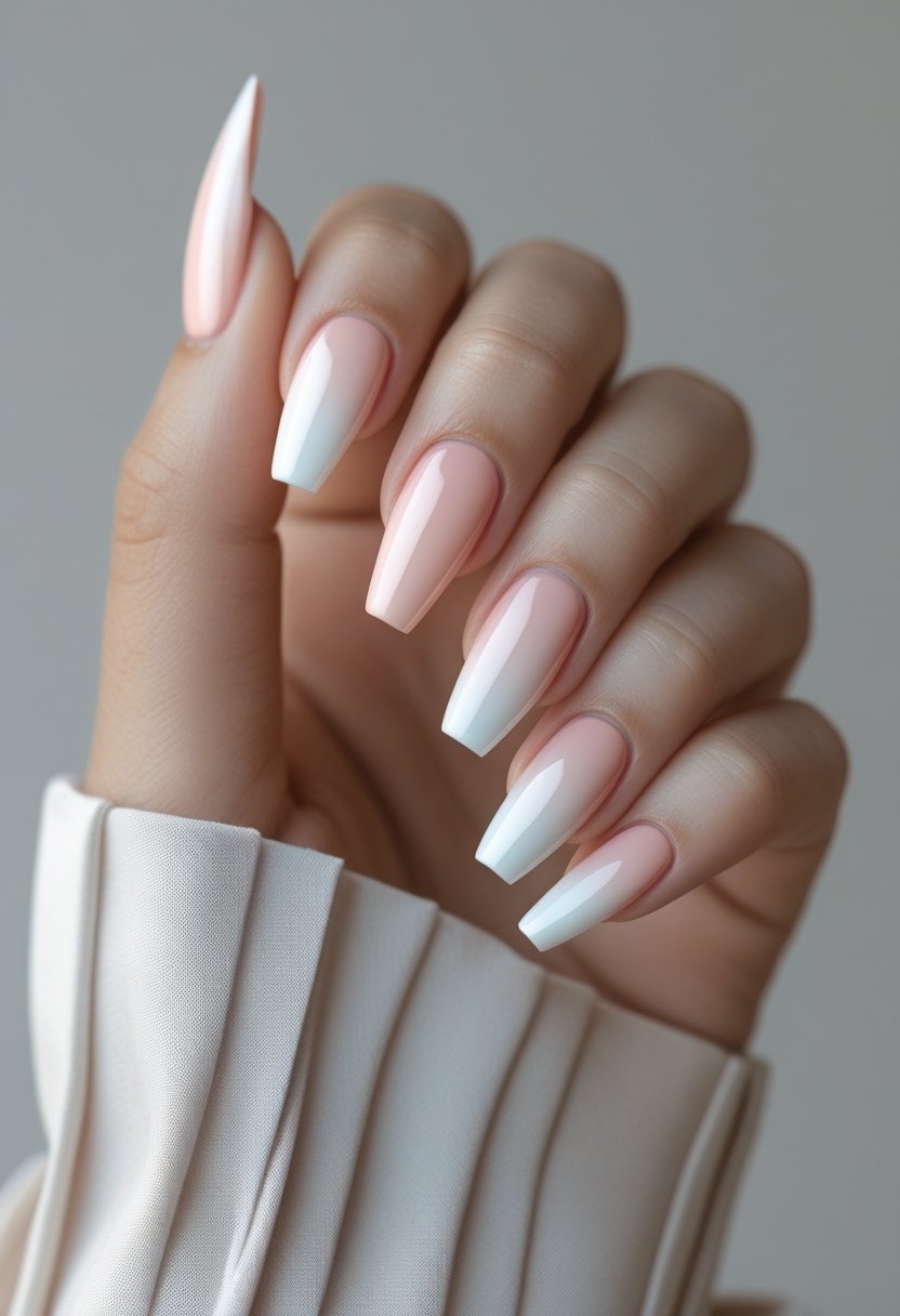 Close-up of a woman's hand displaying nails with a soft pink to white ombre French manicure.