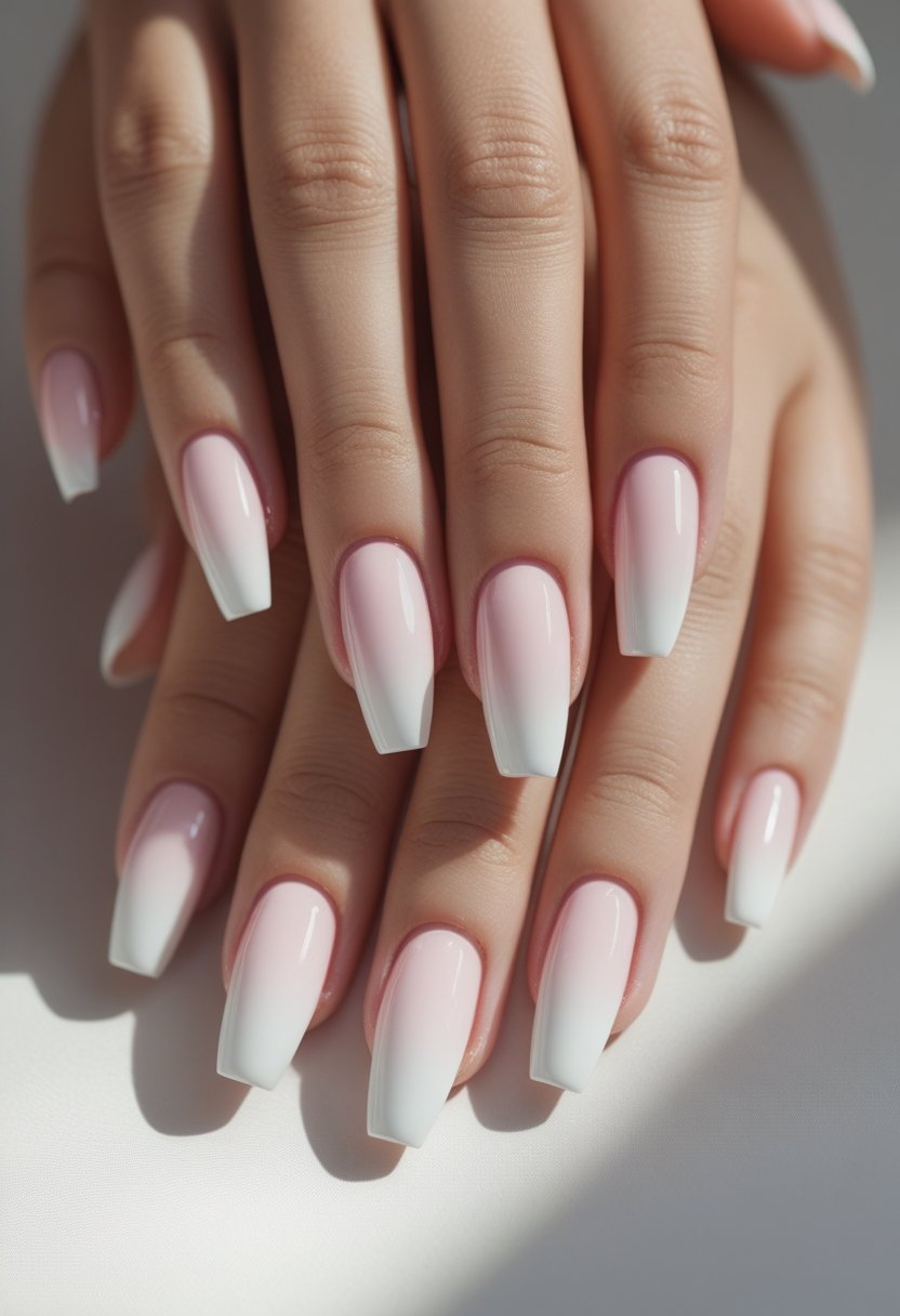 Close-up of hands with neatly manicured nails featuring a soft pink to white ombre French manicure.