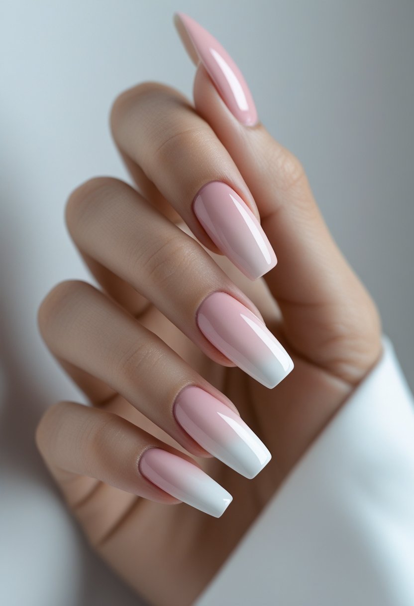 Close-up of hands with neatly manicured nails featuring a soft blush pink to white ombre French tip design.