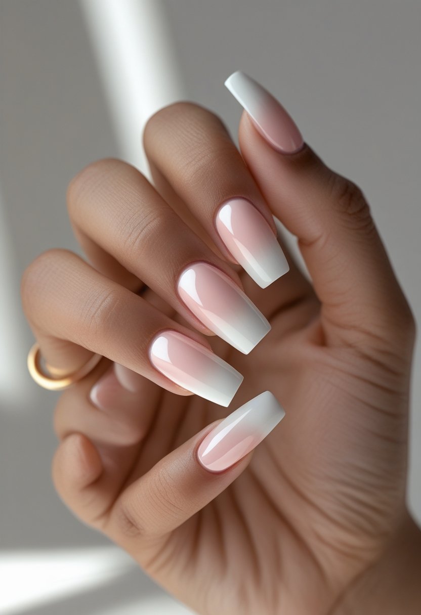 Close-up of a woman's hand showing nails with a soft pink to white gradient manicure.
