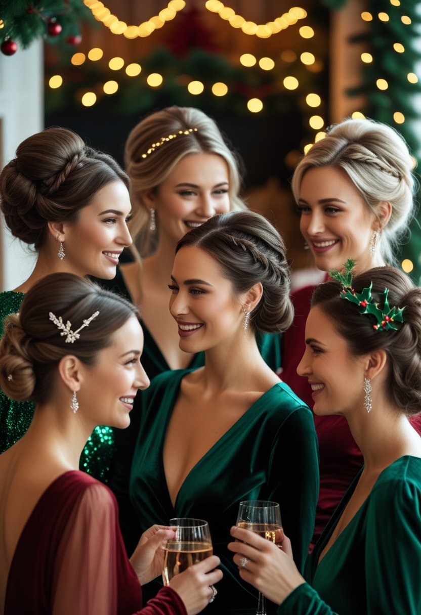 A group of women with elegant holiday hairstyles smiling together in a festive indoor setting decorated for Christmas.