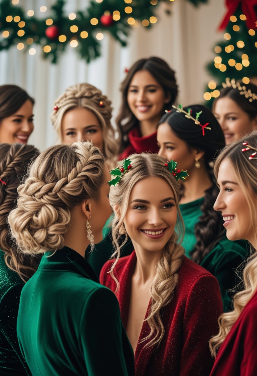 A group of women with various festive hairstyles smiling together in a warmly decorated room with Christmas lights and decorations.