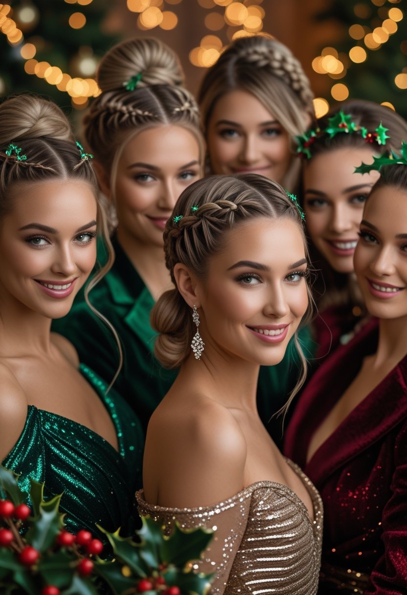 A group of women with braided and plaited hairstyles posing together in festive clothing with warm holiday lighting.