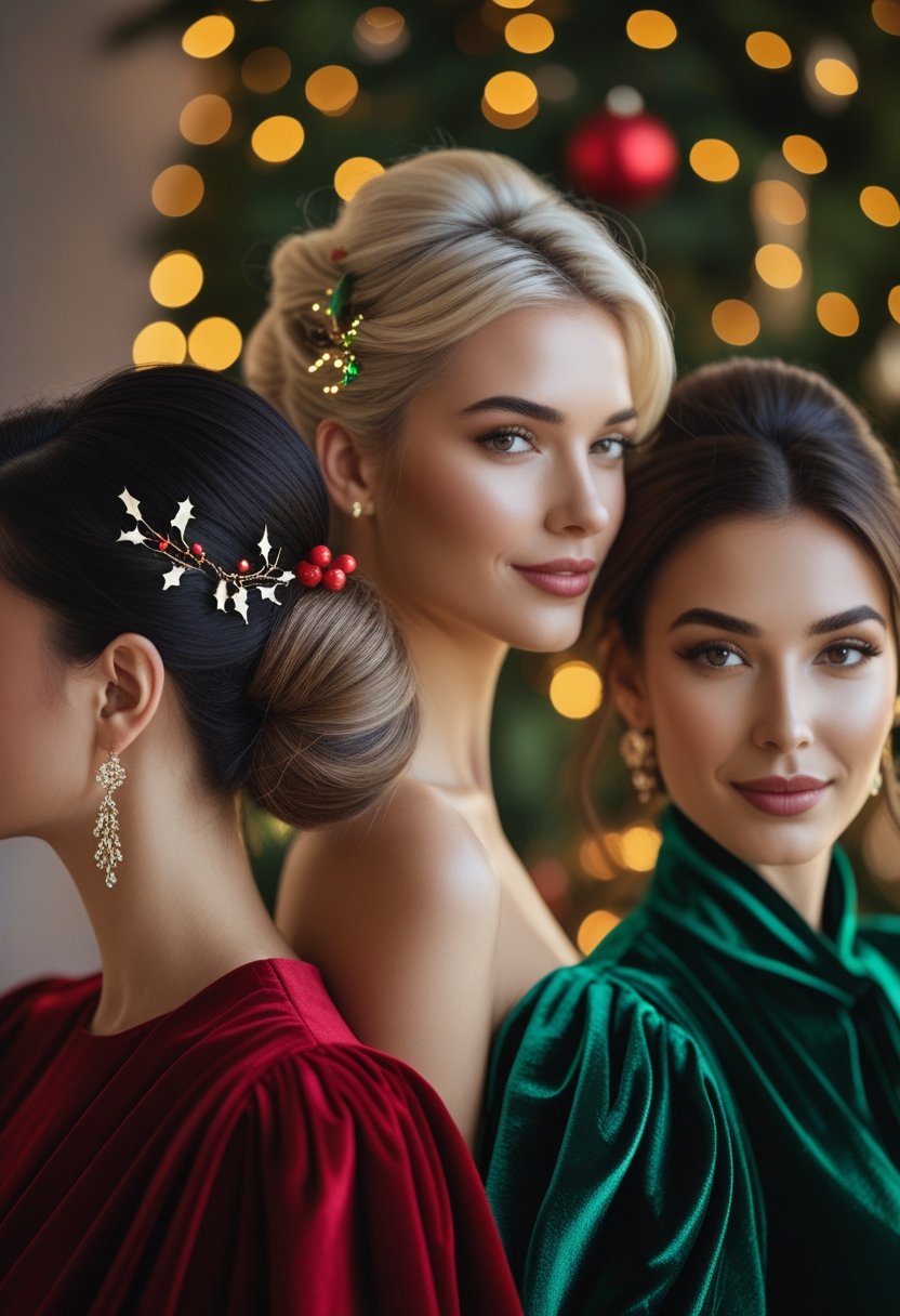 Three women with elegant updo hairstyles wearing festive outfits, standing against a softly lit background with holiday lights.