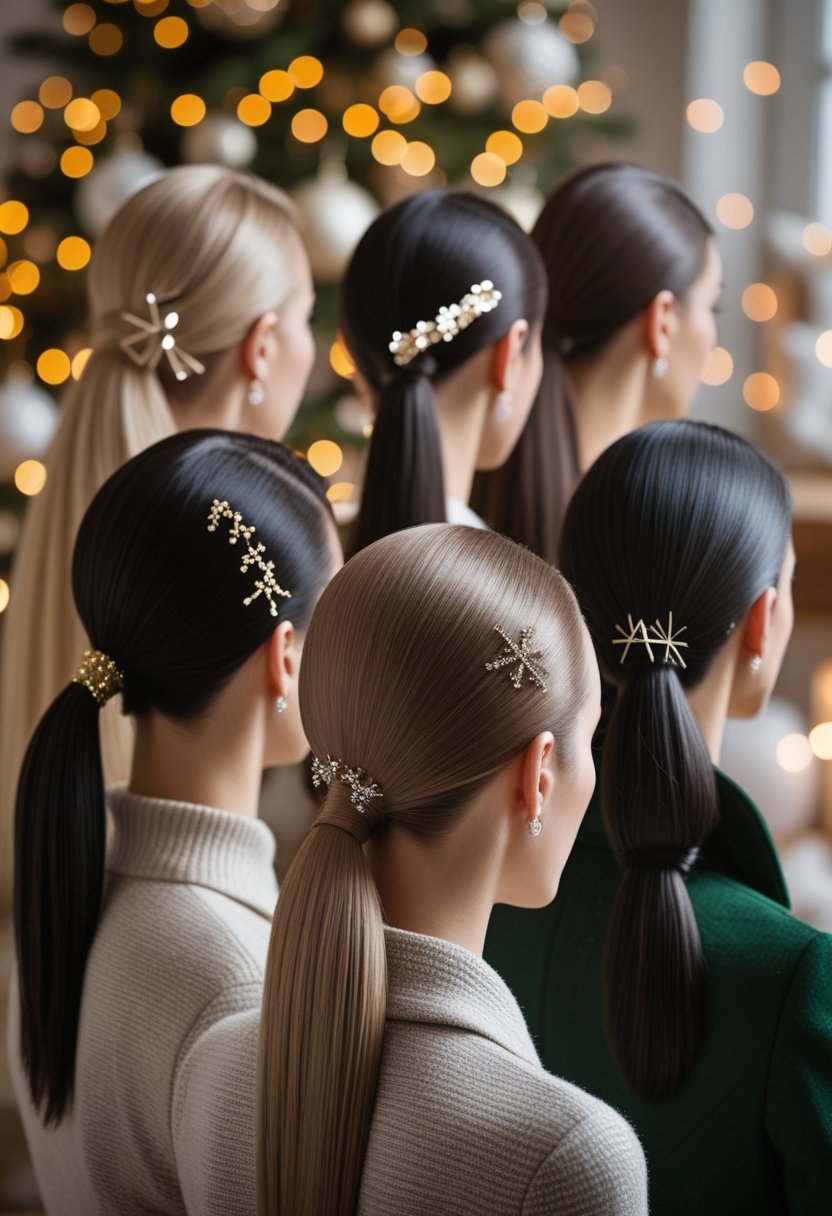 Several women with sleek ponytail hairstyles posing in a softly lit room decorated with warm Christmas lights.
