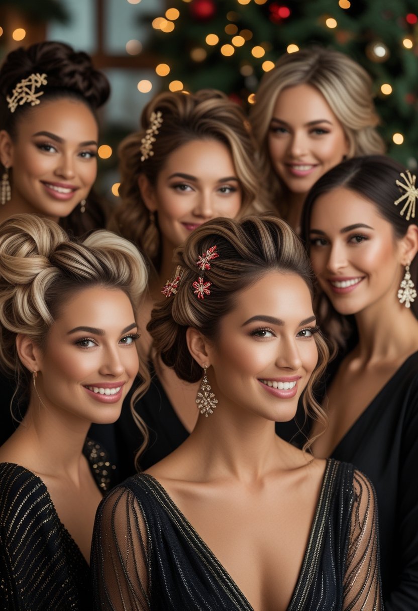 A group of women with elegant holiday hairstyles in a warmly lit room decorated for Christmas.