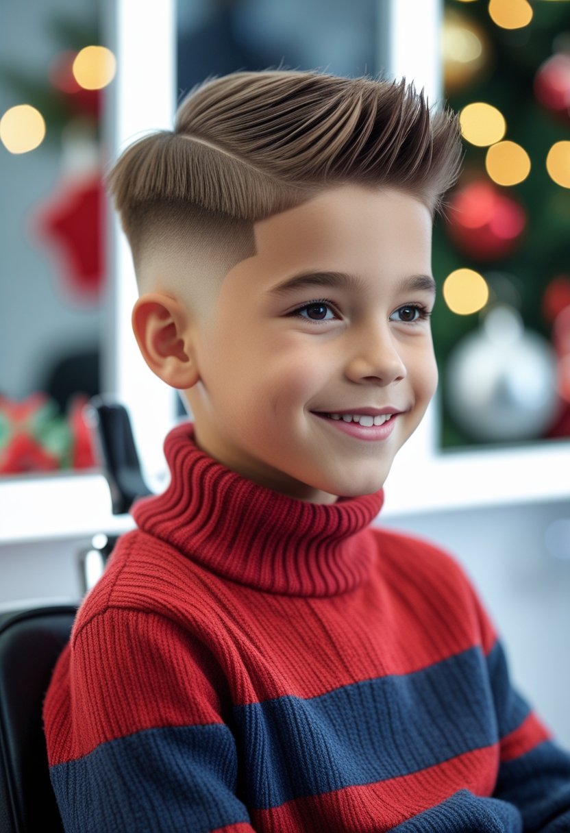 A young boy with a neat haircut sitting in a barbershop with Christmas decorations in the background.