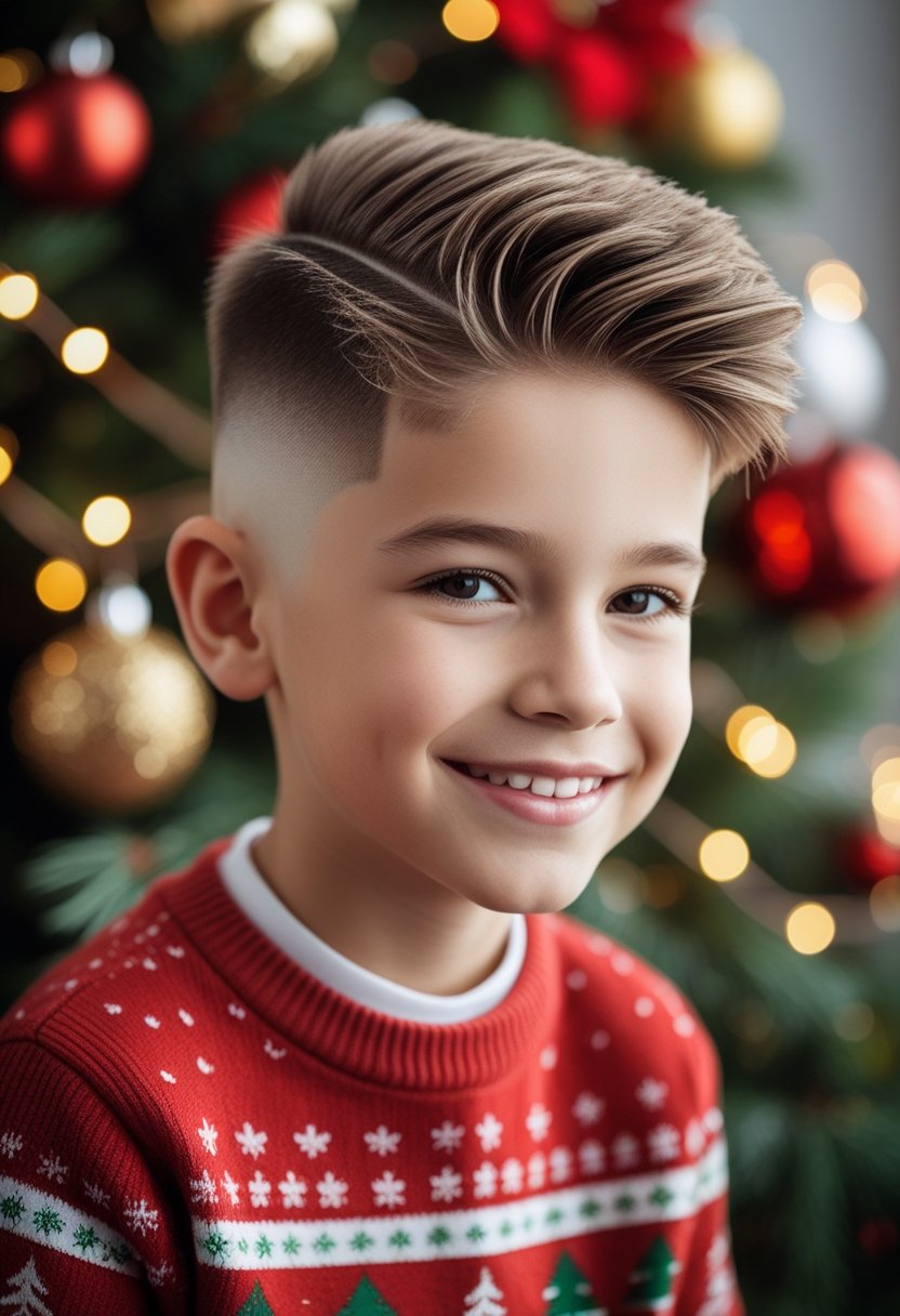 A young boy with a neat haircut wearing a red sweater, smiling in front of a softly decorated Christmas background.