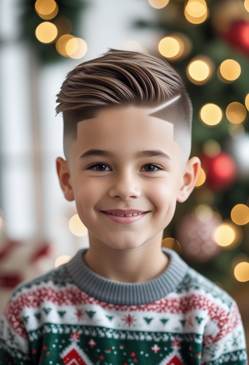 A young boy with a fresh haircut wearing a festive sweater, smiling with holiday decorations softly blurred in the background.