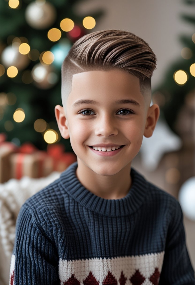 A young boy with a stylish haircut smiling indoors with Christmas decorations in the background.