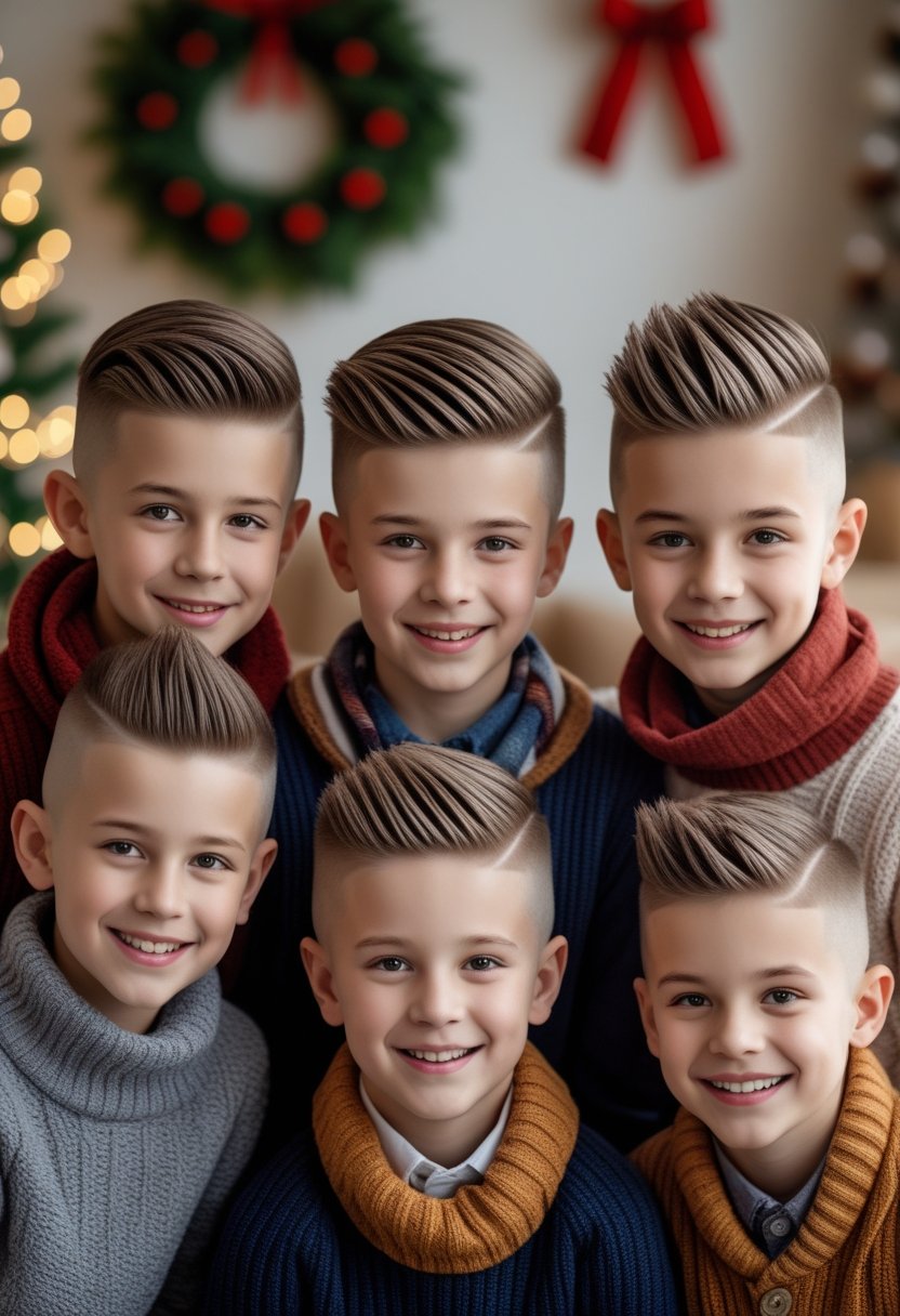 A group of young boys with stylish haircuts smiling together indoors with Christmas decorations in the background.