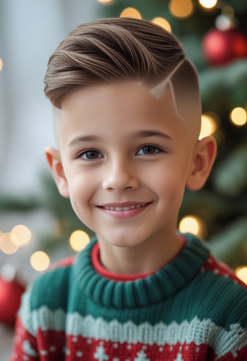A young boy with a neat haircut wearing a festive sweater, smiling in front of holiday decorations.
