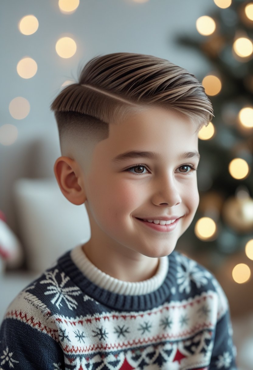 A young boy smiling with a fresh haircut, wearing a holiday sweater, with Christmas decorations softly blurred in the background.