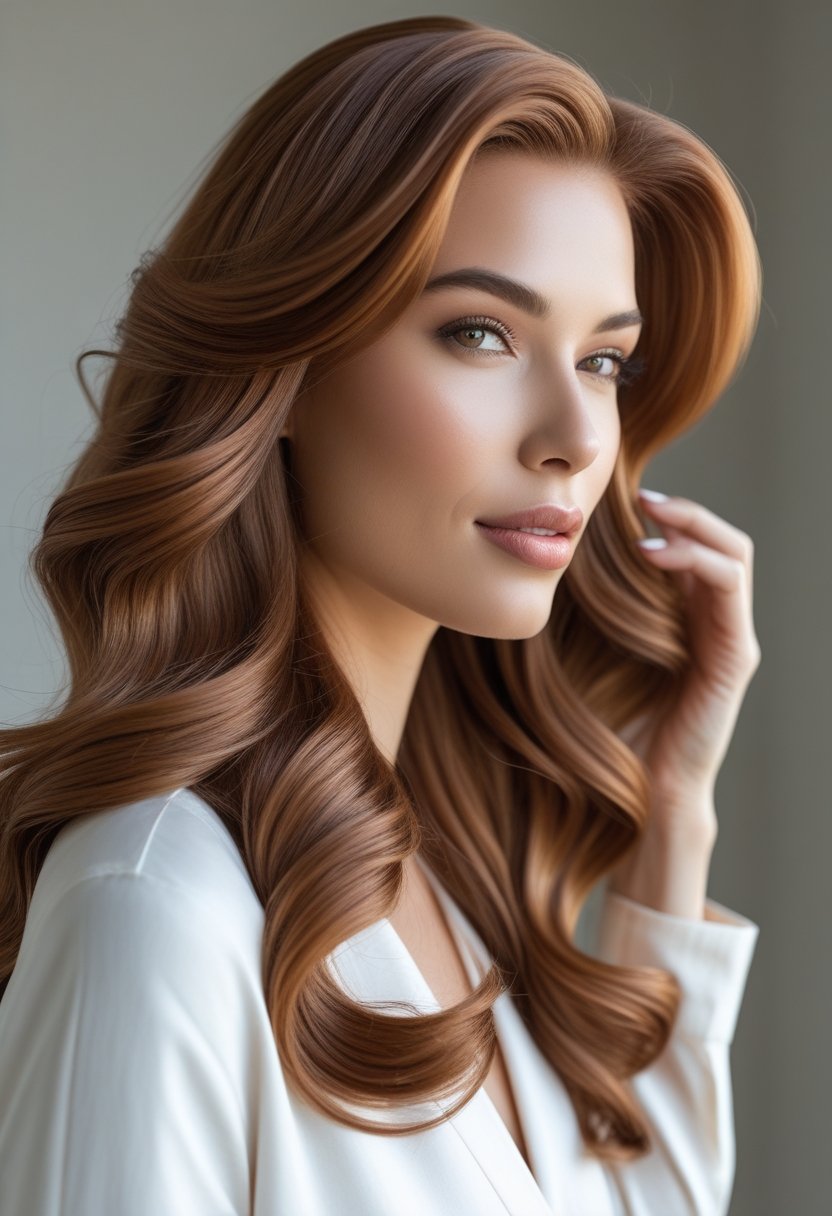 A woman with long caramel brown hair styled in soft waves, shown from a three-quarter profile against a neutral background.